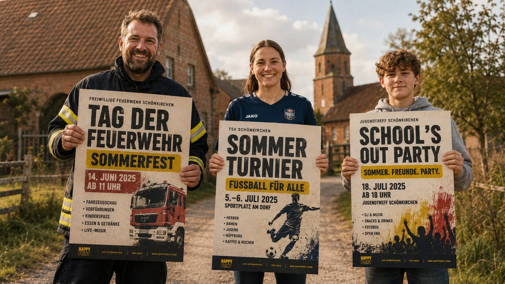 Drei Menschen aus Schönkirchen halten ihre von Happy Print gedruckten A1-Plakate